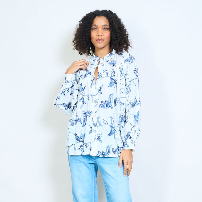 Leaf print pleated button front blouse wholesale
