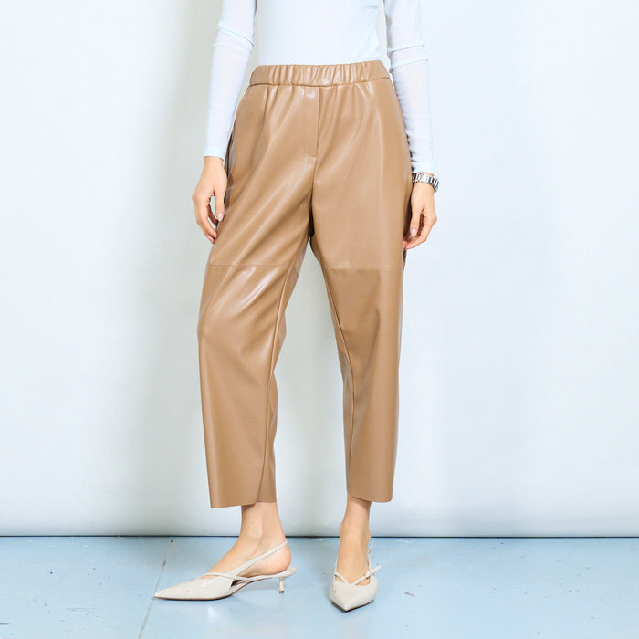 Leather-look elastic waist straight-leg trousers wholesale