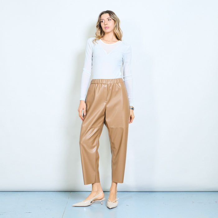 Leather-look elastic waist straight-leg trousers wholesale