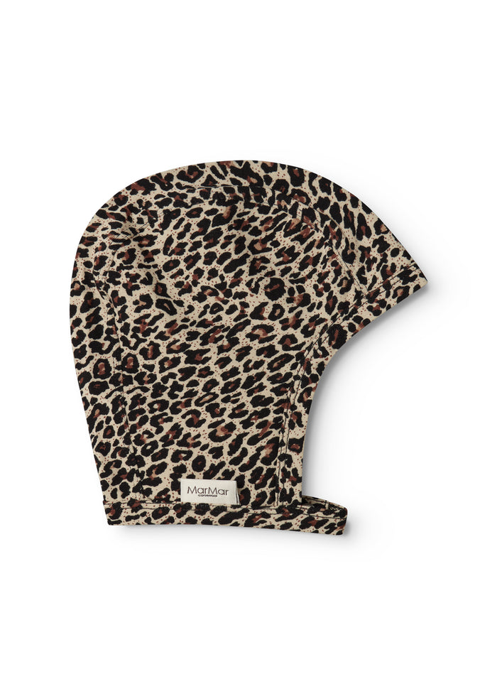 Leopardmønstret hættefor i brun og beige med MarMar-logo nederst
