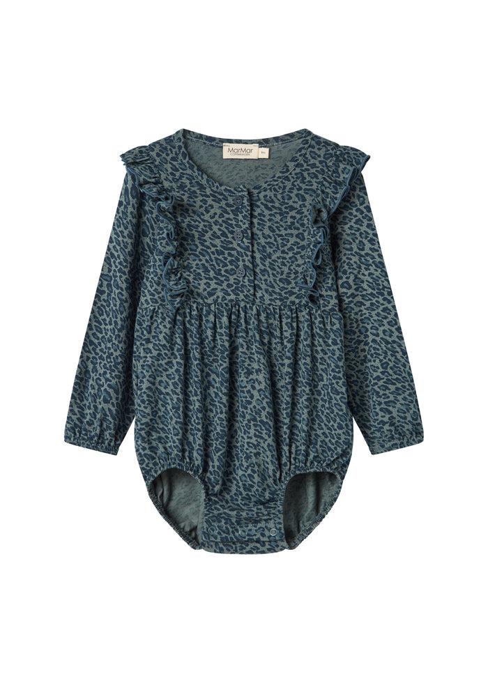 Green leopard print baby bodysuit with long sleeves and ruffles