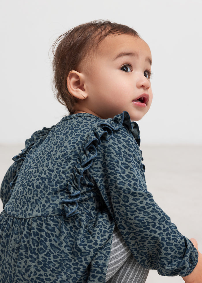 Baby green leopard print bodysuit with long sleeves and ruffles