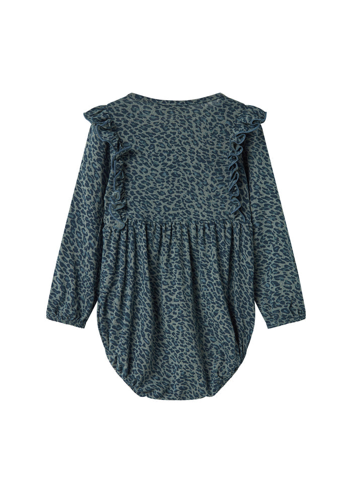 Green leopard print baby bodysuit with long sleeves and ruffles