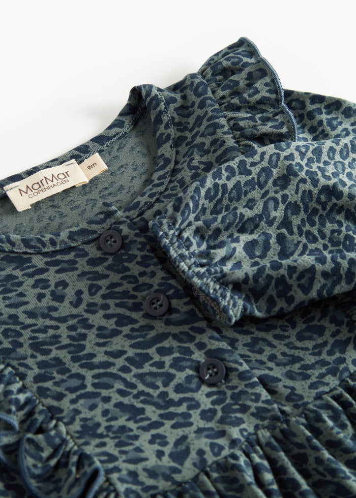 Green leopard print baby bodysuit with long sleeves and ruffles