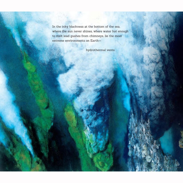 Underwater scene with hydrothermal vents and text about extreme ocean environments.