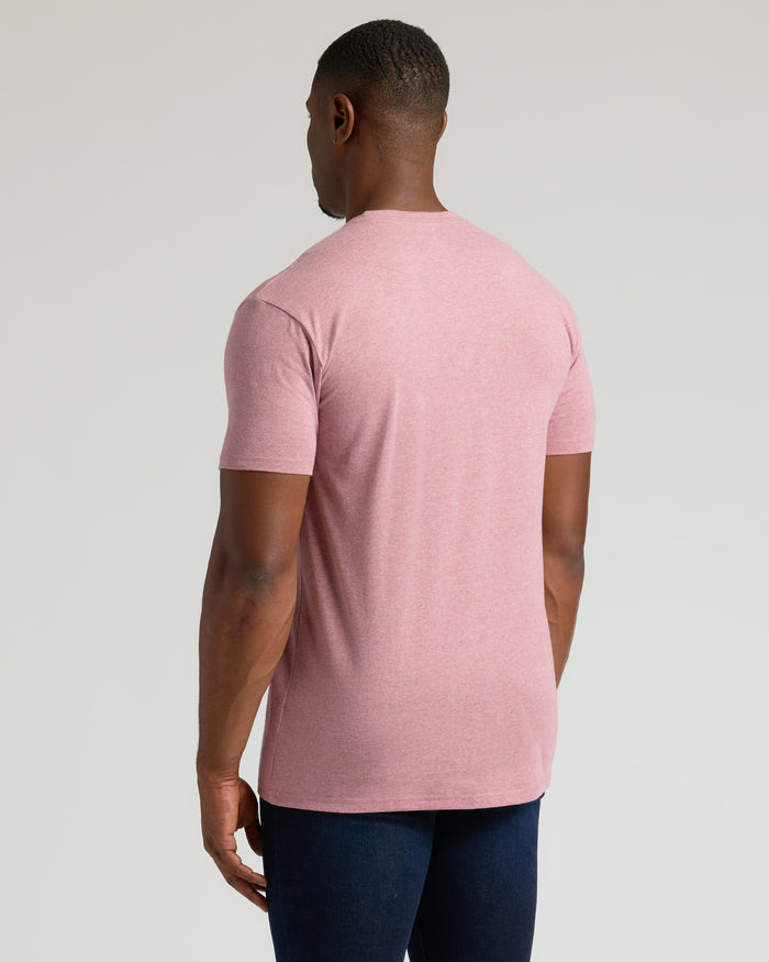 Back view of man wearing Light Heather Boysenberry Tall Straight Hem Crew Neck T-Shirt.
