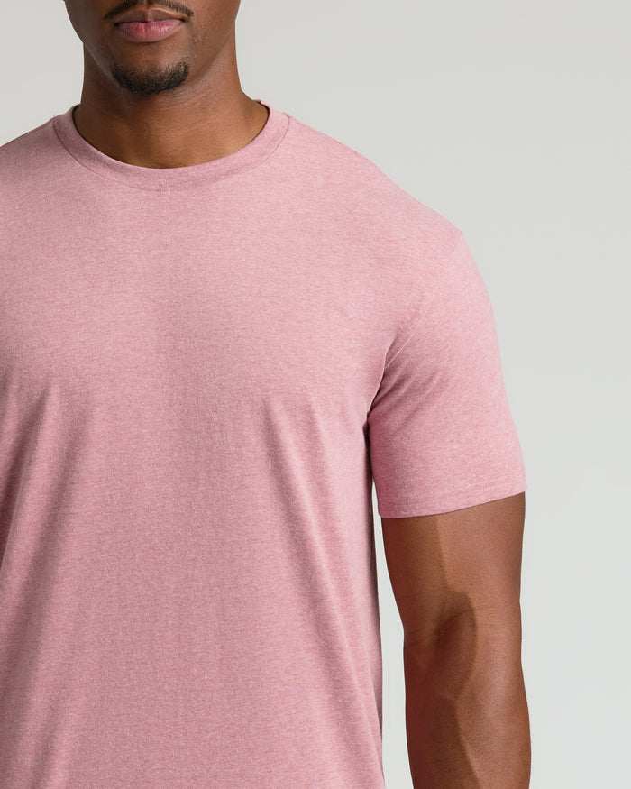 Light Heather Boysenberry Tall Crew Neck T-Shirt with short sleeves on man.