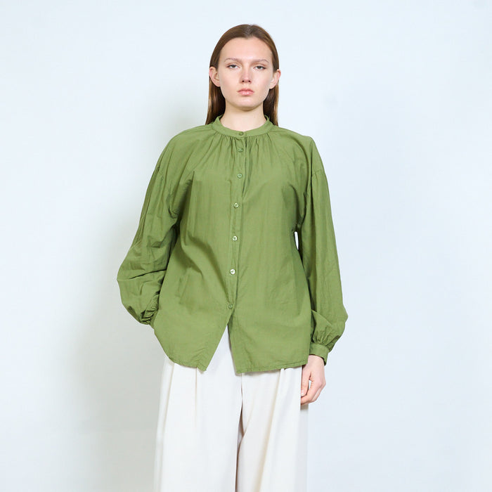 Lightweight button front blouse with gathered neckline wholesale