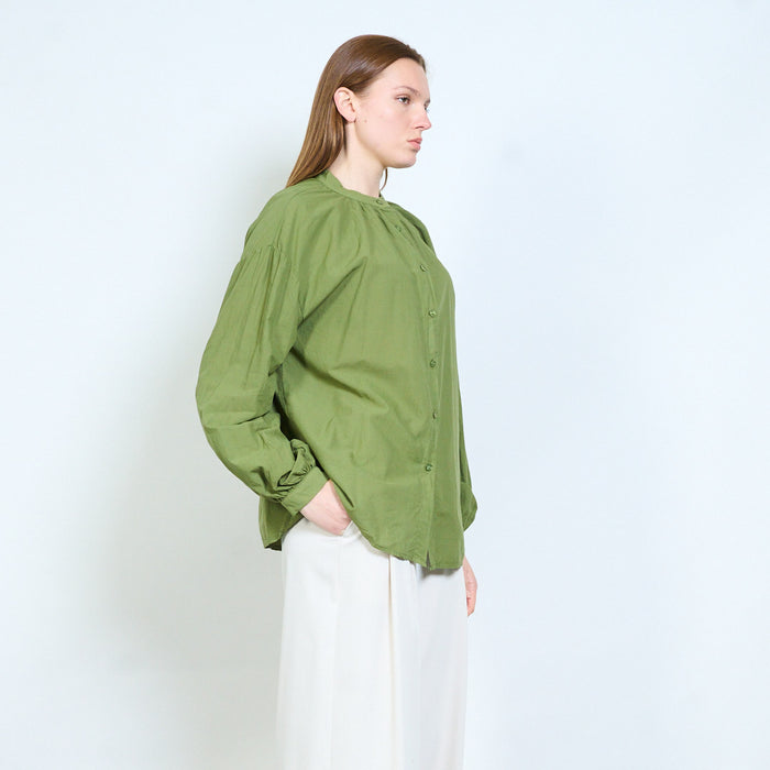 Lightweight button front blouse with gathered neckline wholesale