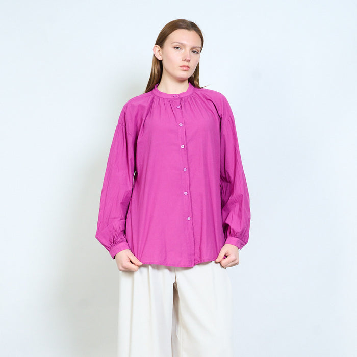 Lightweight button front blouse with gathered neckline wholesale