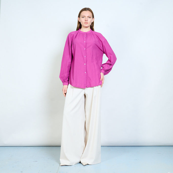 Lightweight button front blouse with gathered neckline wholesale