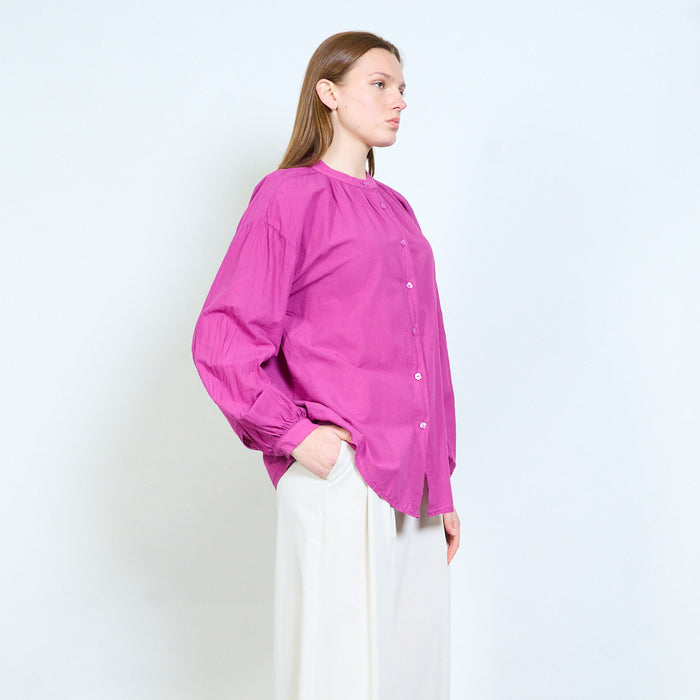 Lightweight button front blouse with gathered neckline wholesale