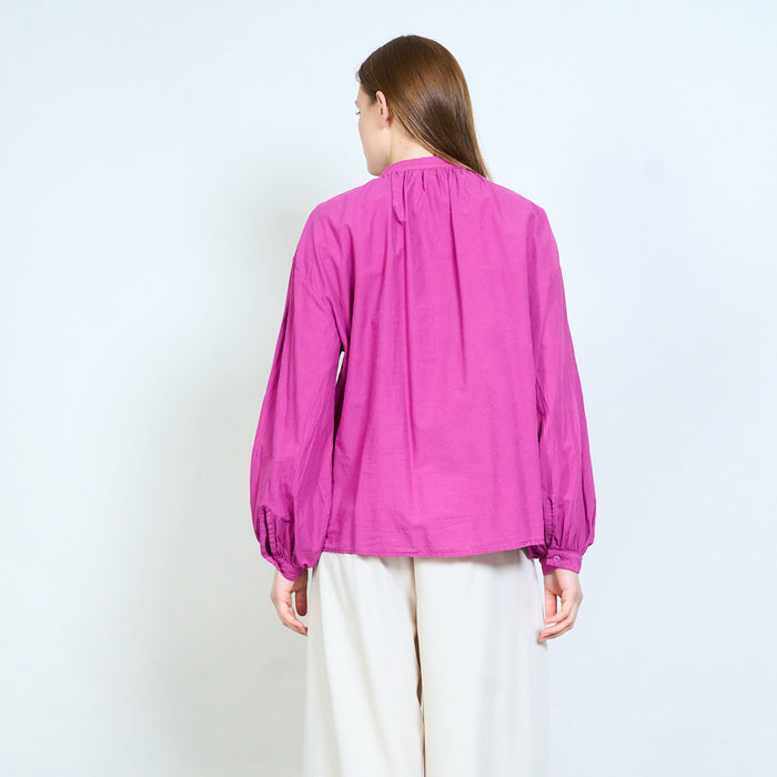 Lightweight button front blouse with gathered neckline wholesale