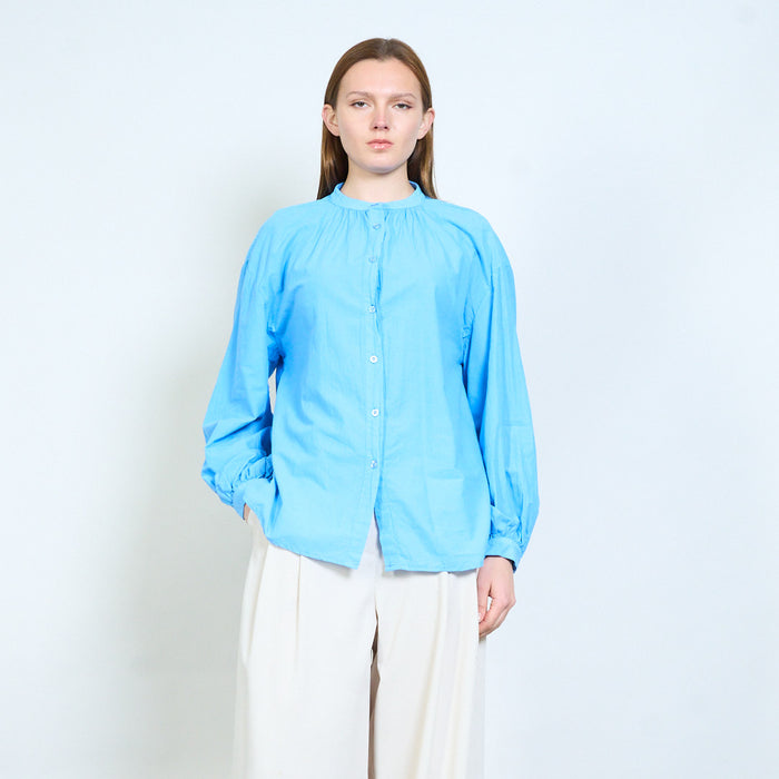 Lightweight button front blouse with gathered neckline wholesale