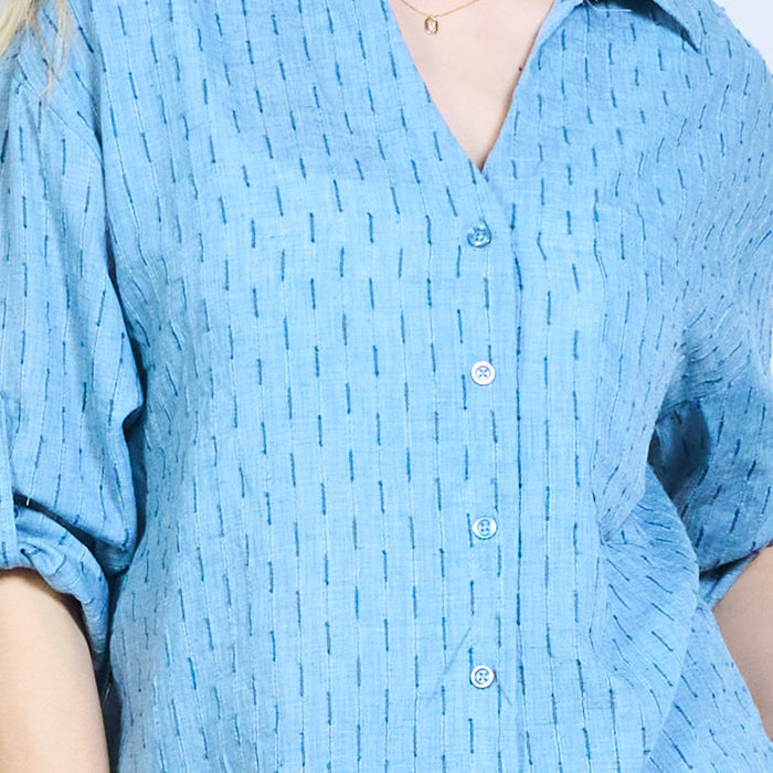 Linear dash patterned roll sleeve button shirt wholesale