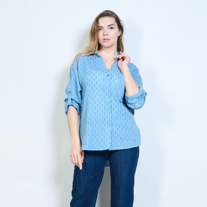 Linear dash patterned roll sleeve button shirt wholesale