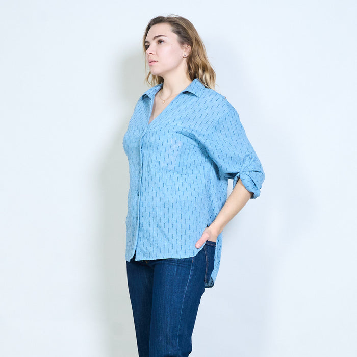 Linear dash patterned roll sleeve button shirt wholesale