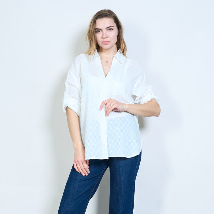 Linear dash patterned roll sleeve button shirt wholesale