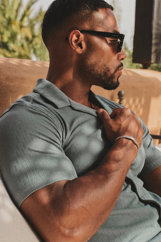 Linear Textured Cuban Collar Shirt in Sage - TAILORED ATHLETE - USA