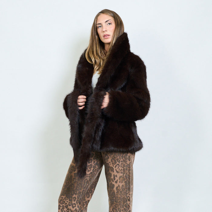 Long-hair faux fur coat with wide lapel collar and belt loops wholesale