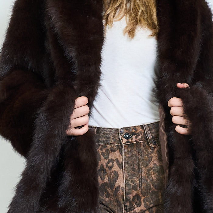 Long-hair faux fur coat with wide lapel collar and belt loops wholesale