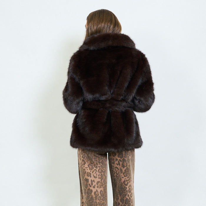 Long-hair faux fur coat with wide lapel collar and belt loops wholesale