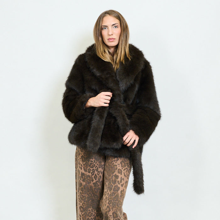 Long-hair faux fur coat with wide lapel collar and belt loops wholesale