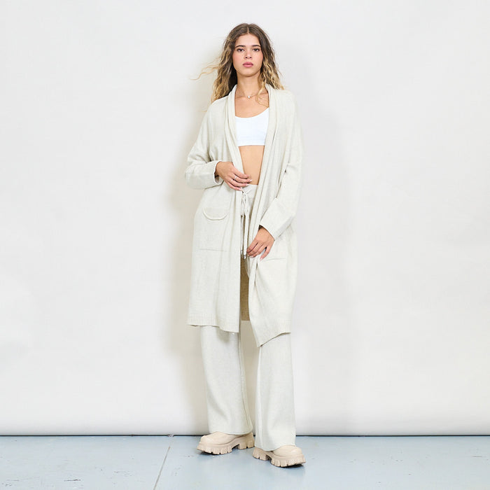 Long open front knit cardigan with patch pockets wholesale