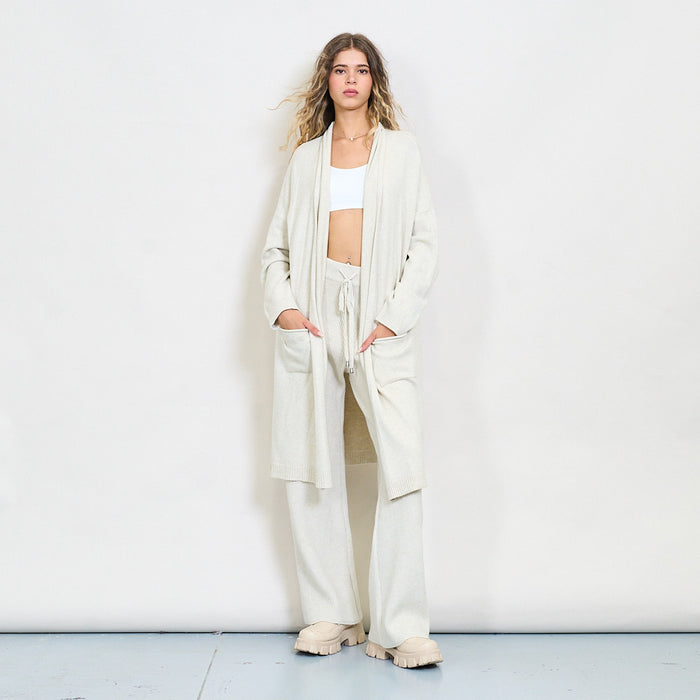Long open front knit cardigan with patch pockets wholesale