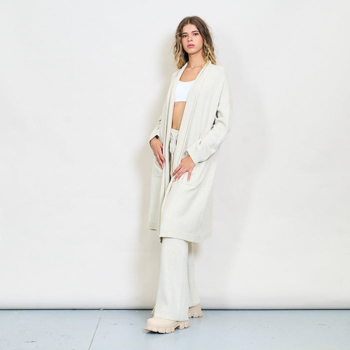 Long open front knit cardigan with patch pockets wholesale