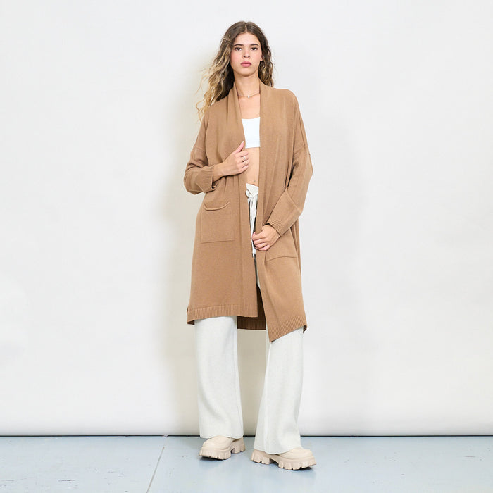 Long open front knit cardigan with patch pockets wholesale
