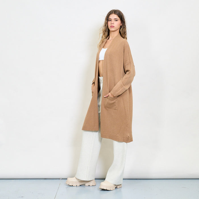 Long open front knit cardigan with patch pockets wholesale