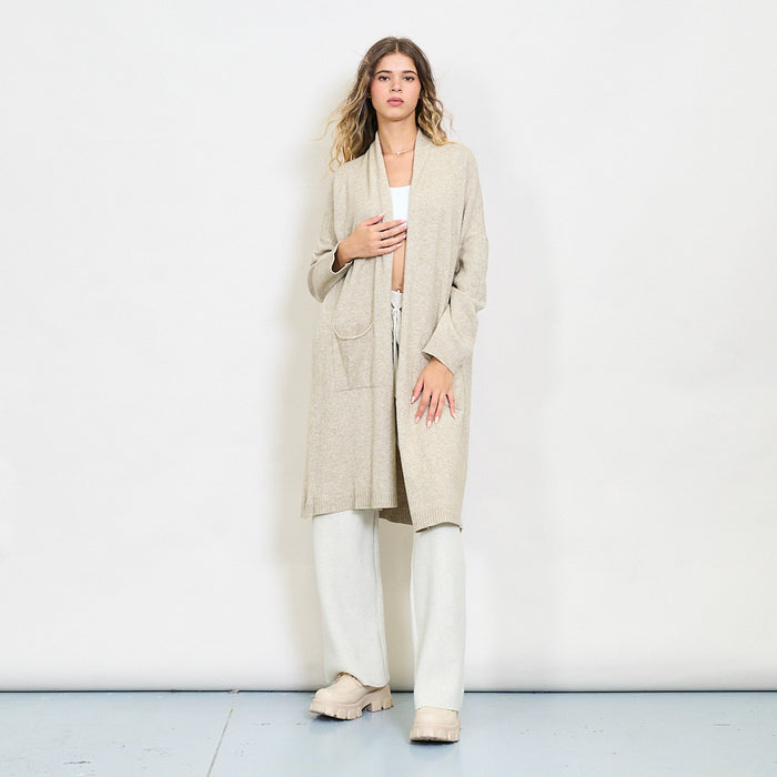 Long open front knit cardigan with patch pockets wholesale
