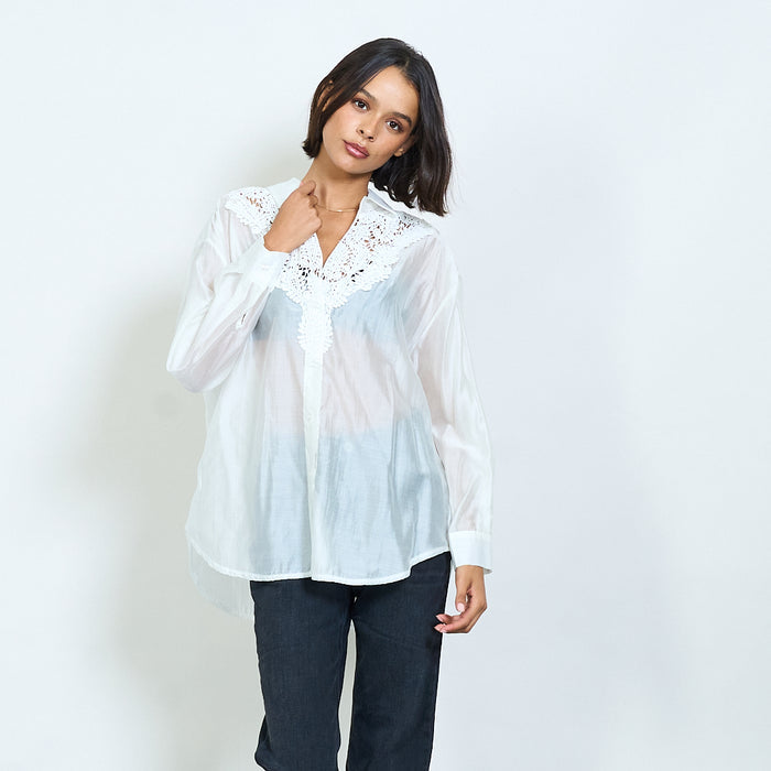 Long sleeve blouse with lace embroidered yoke wholesale