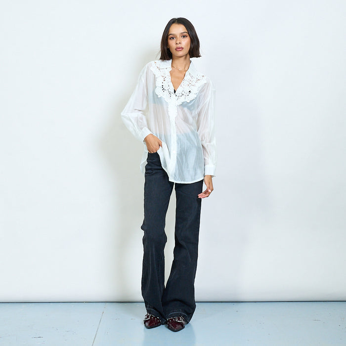 Long sleeve blouse with lace embroidered yoke wholesale