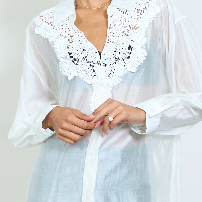 Long sleeve blouse with lace embroidered yoke wholesale
