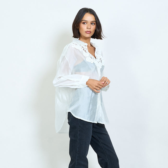 Long sleeve blouse with lace embroidered yoke wholesale