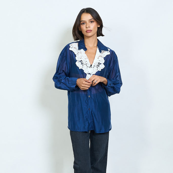 Long sleeve blouse with lace embroidered yoke wholesale