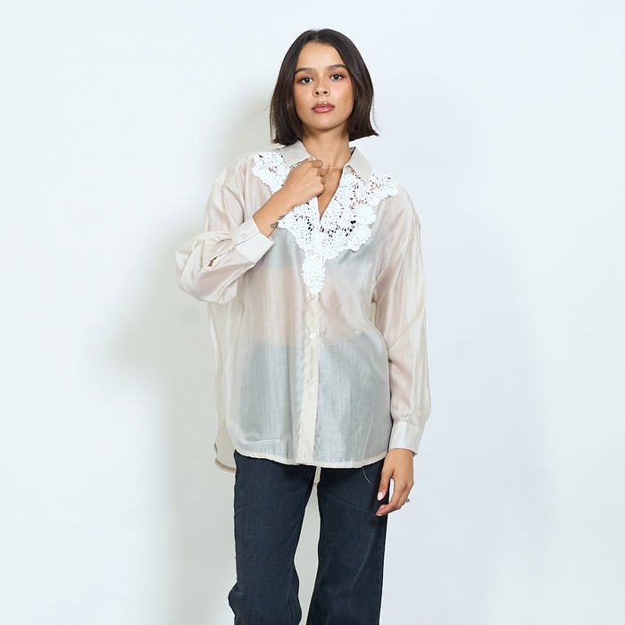 Long sleeve blouse with lace embroidered yoke wholesale