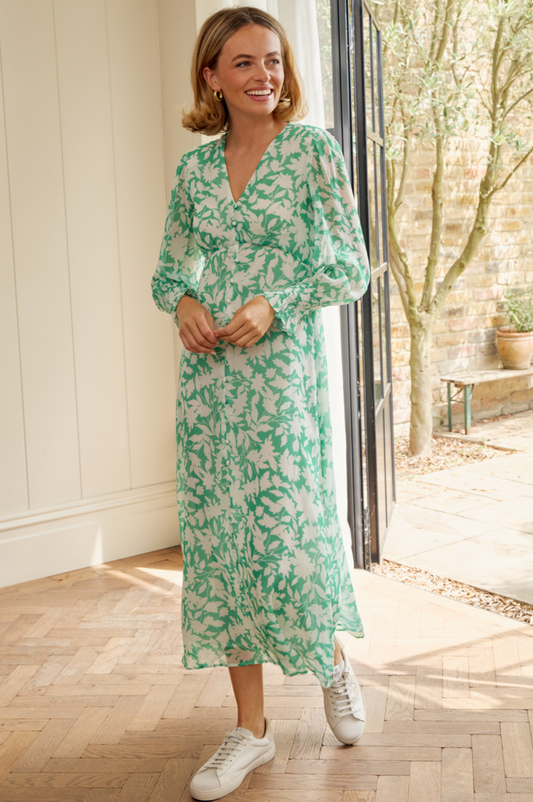 Long Sleeve Sally Anne Dress | Clematis Vines Green/Ivory - Aspiga