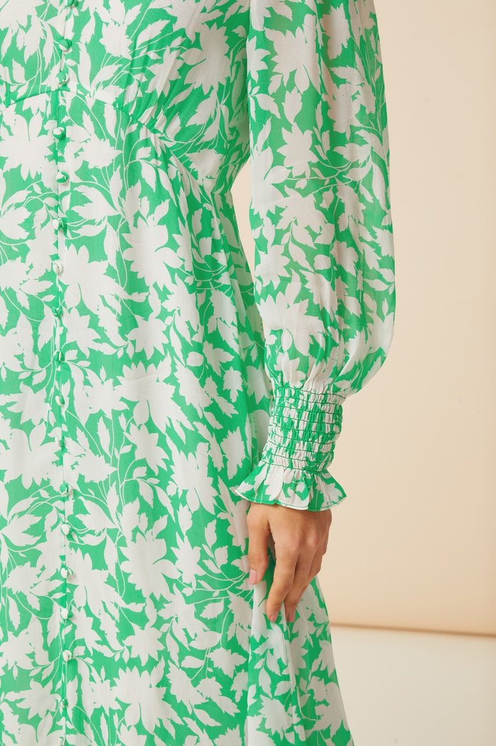 Long Sleeve Sally Anne Dress | Clematis Vines Green/Ivory - Aspiga