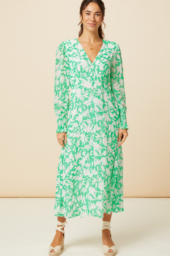 Long Sleeve Sally Anne Dress | Clematis Vines Green/Ivory - Aspiga