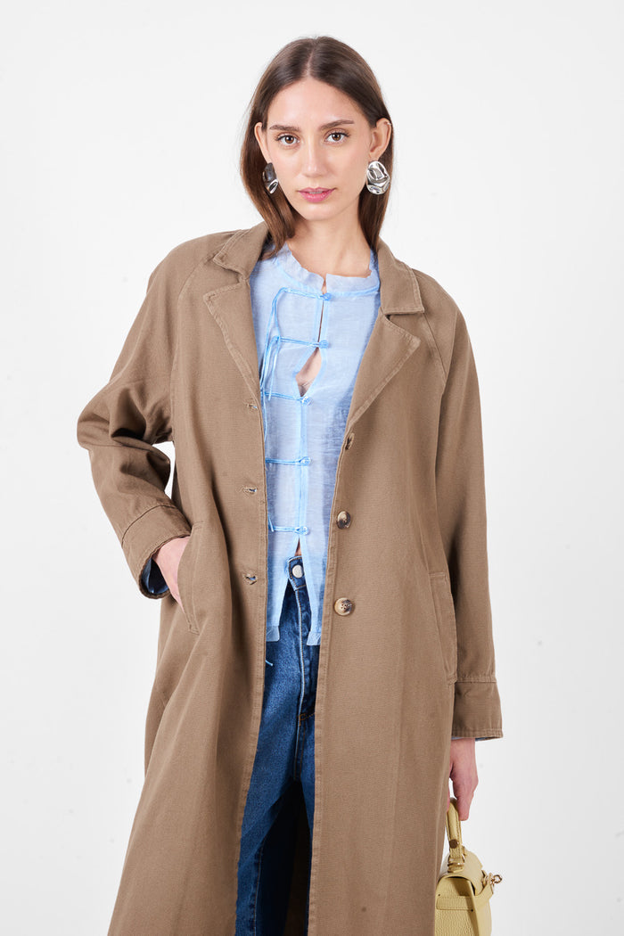 Longline button front coat with classic lapel collar and relaxed fit wholesale