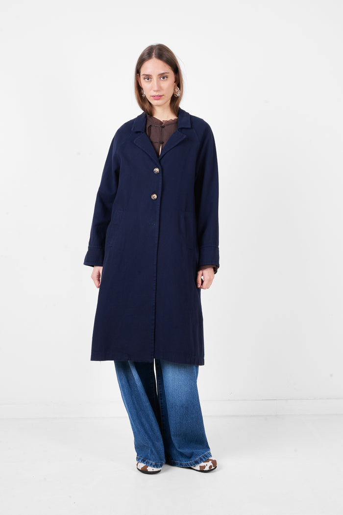 Longline button front coat with classic lapel collar and relaxed fit wholesale