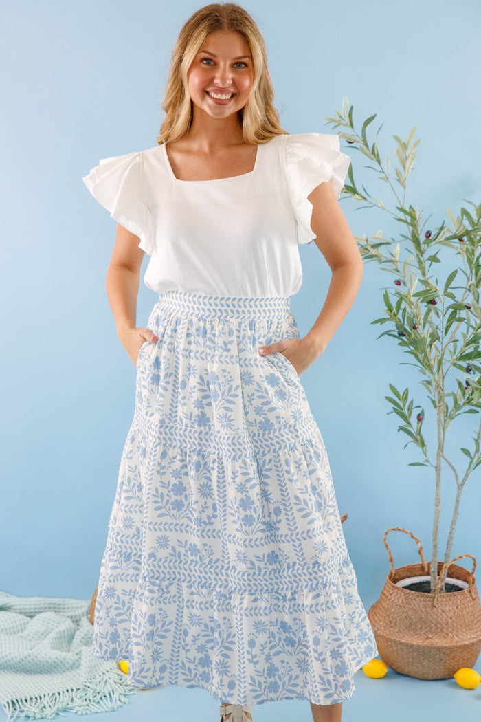 Women's Blue Floral Maxi Skirt- Blue and White Print Skirt- Women's Vacation Outfits