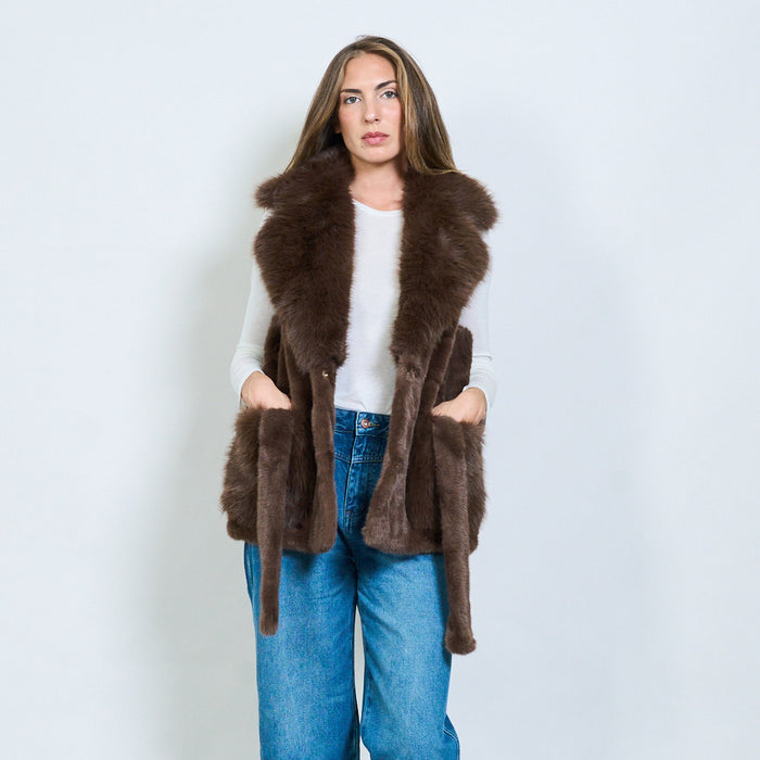 Luxury long-hair faux fur vest with belt and shawl collar wholesale
