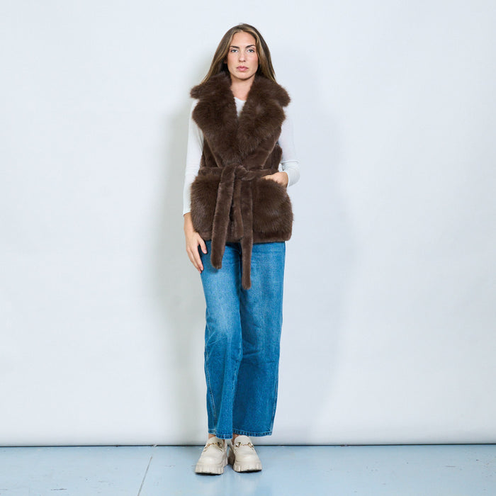 Luxury long-hair faux fur vest with belt and shawl collar wholesale