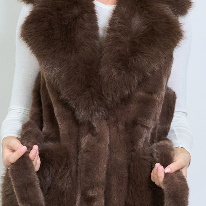 Luxury long-hair faux fur vest with belt and shawl collar wholesale