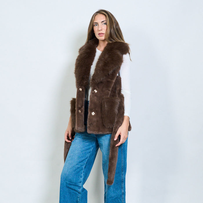 Luxury long-hair faux fur vest with belt and shawl collar wholesale