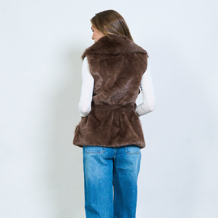 Luxury long-hair faux fur vest with belt and shawl collar wholesale